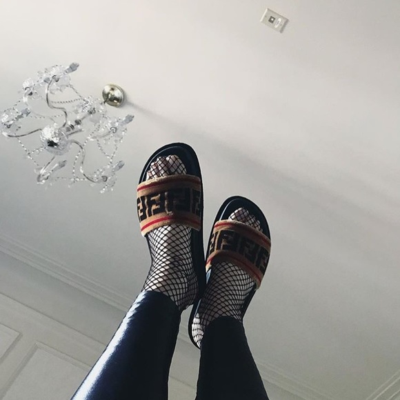 Fendi Shoes - FENDI Multicolor Velvet Logo Slides